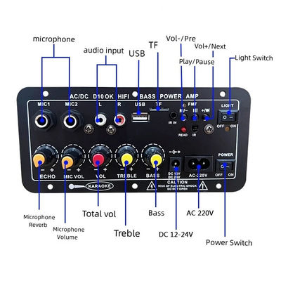 Tableau d'amplificateur de puissance numérique D10 avec puissance de sortie de 30 à 120 W Bluetooth 5.0 et double entrée de microphone pour subwoofer et karaoké