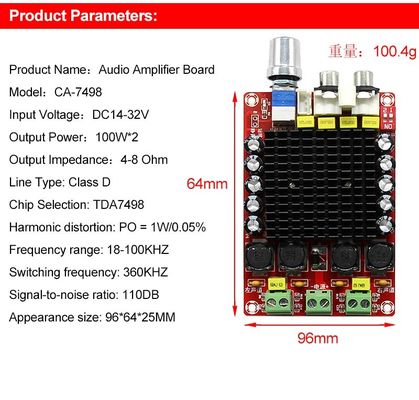 Tableau d'amplificateur audio à sortie double canal de 100 W avec entrée DC14-34V et technologie de classe D