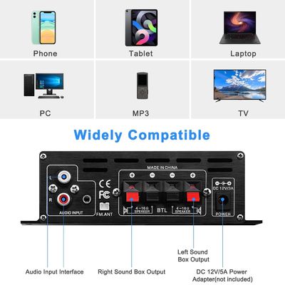 Amplificateur de puissance AK-380 400W avec Bluetooth 5.0 et 2.0 CH HiFi Stéréo pour audio à domicile