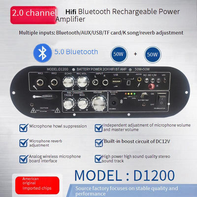 D1200 2.0 Channel 50W+50W BT Digital Amplifier Board 12V Rechargeable pour une utilisation DJ à domicile