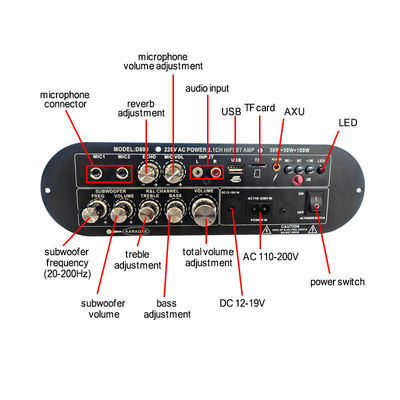 D800 Professional 2.0 Channel Bluetooth Amplificateur numérique 12V à haute puissance rechargeable pour DJ/Karaoke