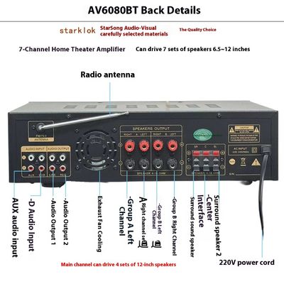 AV-6080BT 1000W Amplificateur d'impédance fixe à 7 canaux Recepteurs de métal pour la maison Voiture USB Flash Carte SD BT Lecteur sans fil Global