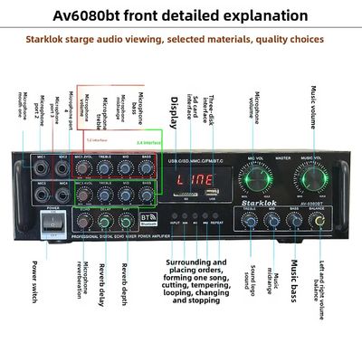 AV-6080BT 1000W Amplificateur d'impédance fixe à 7 canaux Recepteurs de métal pour la maison Voiture USB Flash Carte SD BT Lecteur sans fil Global